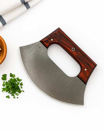 Damascus ULU Knife – Curved Blade with Wooden Handle & Leather Sheath | Kitchen Knife