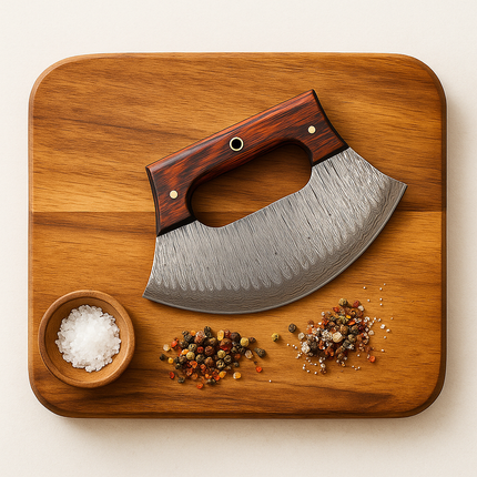 Hand-Forged Damascus ULU Knife | Curved Pizza Cutter & Herb Rocker | Rosewood Handle with Leather Sheath