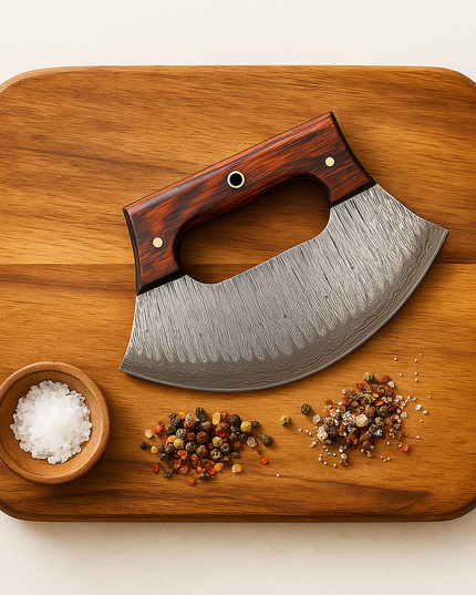 Damascus ULU Knife – Curved Blade with Wooden Handle & Leather Sheath | Kitchen Knife