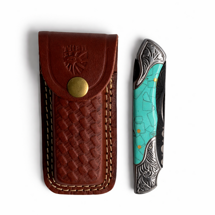 Turquoise Crest Damascus Folding Knife - TF-080