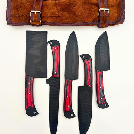 5 Piece Hand Forged Black Hammered Kitchen Knife Set with Red Wood Handles - Elysian Edge
