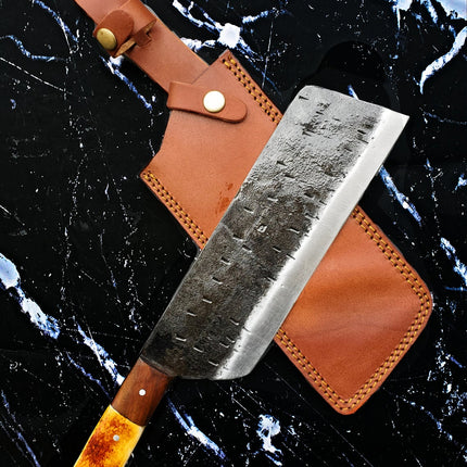 Heavy duty Carbon steel Cleaver / Meat chopper with Burnt Camel bone and walnut handle (Duty Cleaver)