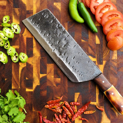 Heavy duty Carbon steel Cleaver / Meat chopper with Burnt Camel bone and walnut handle (Duty Cleaver)