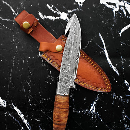 Damascus Steel, Handmade Knife, Hunting Knife with Gut Hook, Stacked leather handle Military style