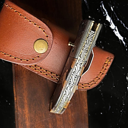 Custom Checkered classico - Raindrop Damascus folding blade/ EDC/ Checkered (Walnut & Olive) TF-001Y