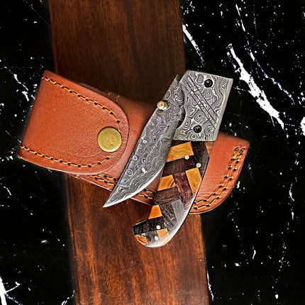Custom Checkered classico - Raindrop Damascus folding blade/ EDC/ Checkered (Walnut & Olive) TF-001Y