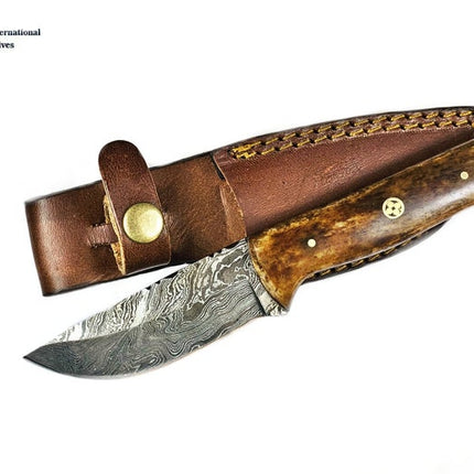 Damascus Knife, Custom Hand Made Forged Damascus Steel Hunting Knife Fixed Blade Camp Style Handle With Leather Sheath Full Tang TD-238