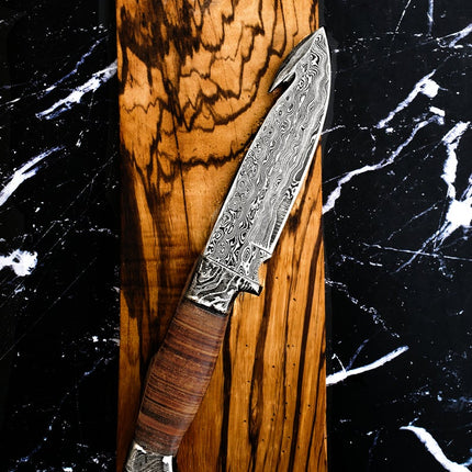 Damascus Steel, Handmade Knife, Hunting Knife with Gut Hook, Stacked leather handle Military style