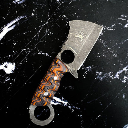 EDC Mini Cleaver/ Handmade Damascus Steel/ Bushcraft knife/ Tactical handle with finger hole
