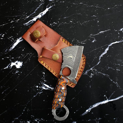 EDC Mini Cleaver/ Handmade Damascus Steel/ Bushcraft knife/ Tactical handle with finger hole