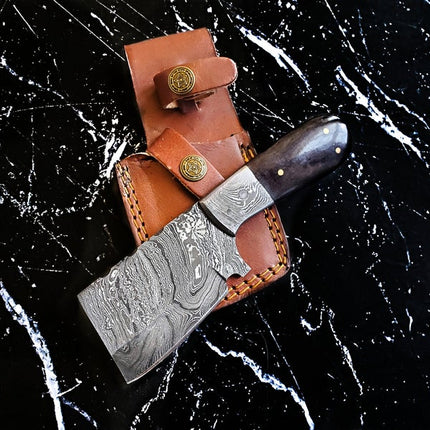 EDC Mini Cleaver/ Handmade Damascus Steel/ Bushcraft knife/ Tactical handle with Dyed Bone Handle TD-231