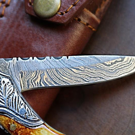 Damascus Steel handmade Pocket Knife with burn bone handles with steel bolsters TF-30