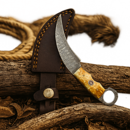 Real Damascus Steel Curved Skinning Knife – Bone Handle with Leather Sheath