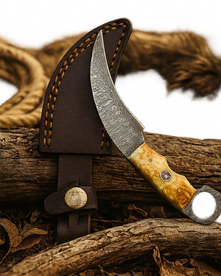 Real Damascus Steel Curved Skinning Knife – Bone Handle with Leather Sheath