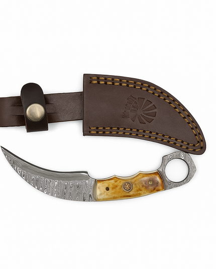 Real Damascus Steel Curved Skinning Knife – Bone Handle with Leather Sheath