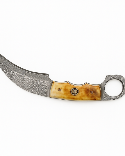 Real Damascus Steel Curved Skinning Knife – Bone Handle with Leather Sheath
