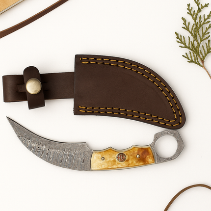 Real Damascus Steel Curved Skinning Knife – Bone Handle with Leather Sheath