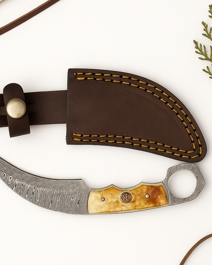 Real Damascus Steel Curved Skinning Knife – Bone Handle with Leather Sheath