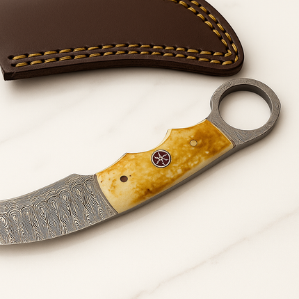 Real Damascus Steel Curved Skinning Knife – Bone Handle with Leather Sheath