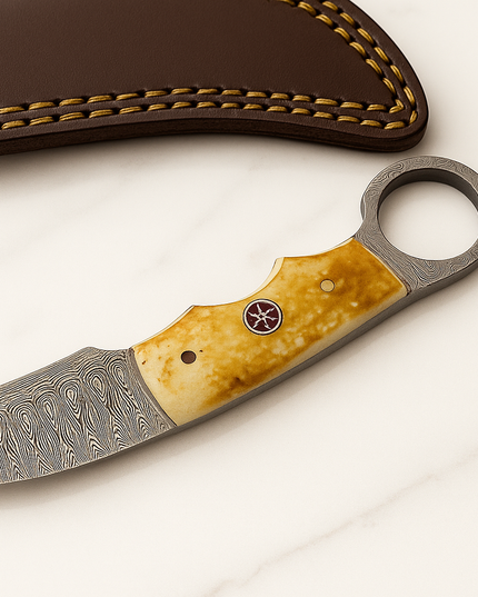 Real Damascus Steel Curved Skinning Knife – Bone Handle with Leather Sheath
