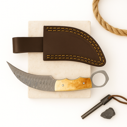 Real Damascus Steel Curved Skinning Knife – Bone Handle with Leather Sheath