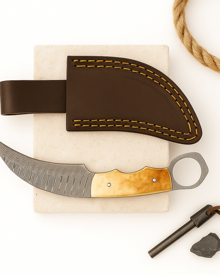 Real Damascus Steel Curved Skinning Knife – Bone Handle with Leather Sheath